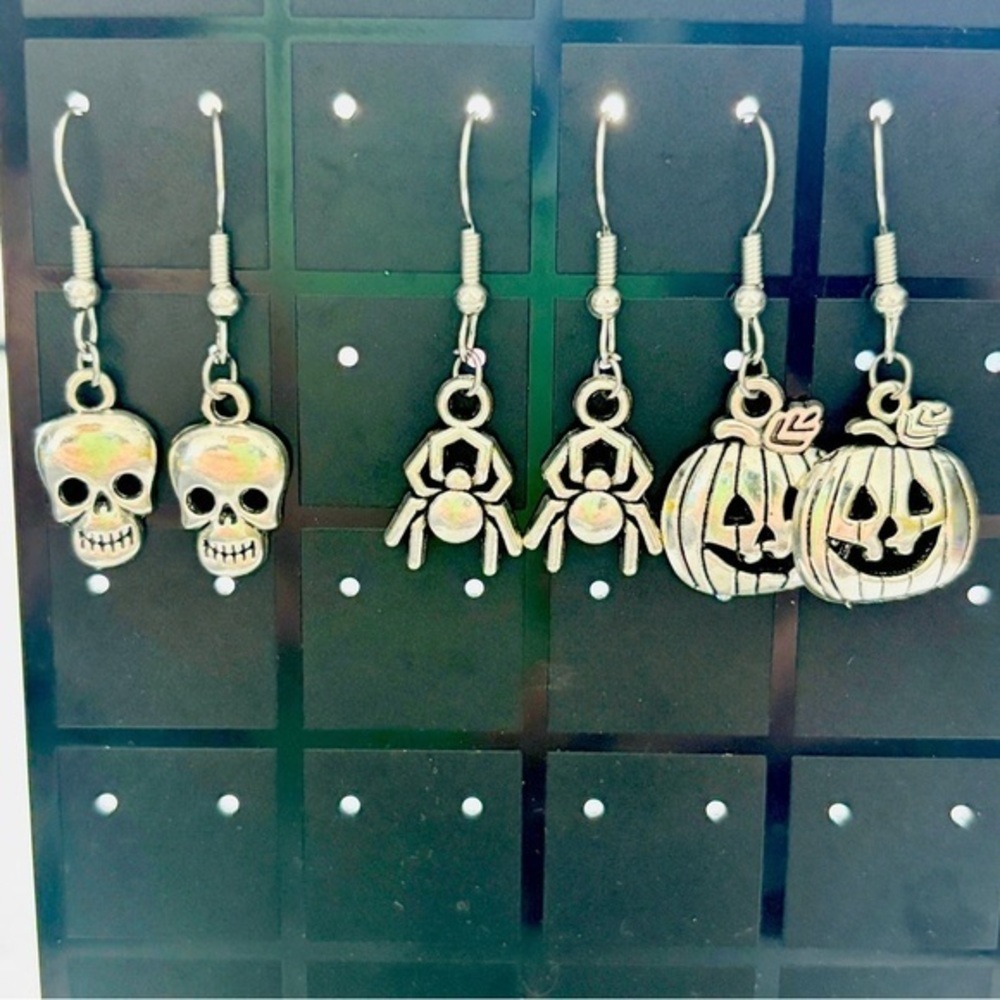 3 Pairs Small Halloween Themed Dangle Earrings, Stainless Steel, NWT, Unworn